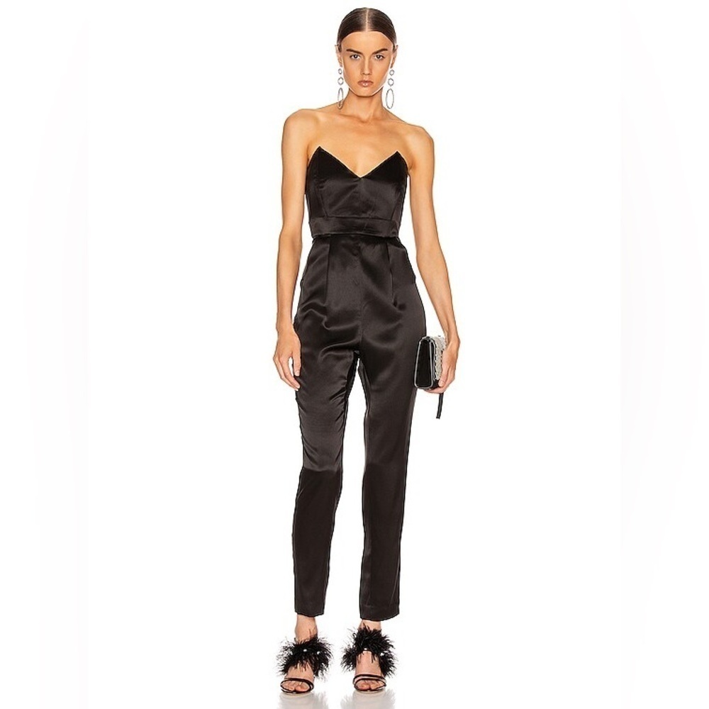 MICHELLE MASON Strapless Plunge Jumpsuit Black Satin 0 NWT